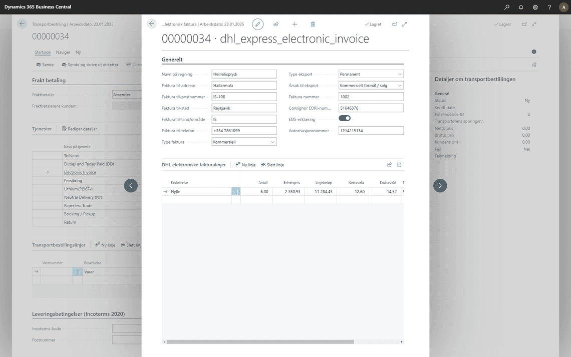 Skjermbilde som viser hvordan paperless trade/electronic invoice ser ut i Business Central